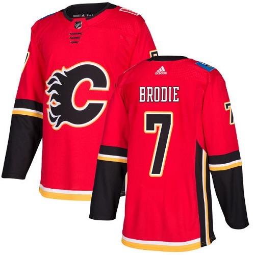 Men Adidas Calgary Flames #7 TJ Brodie Red Home Authentic Stitched NHL Jersey->calgary flames->NHL Jersey